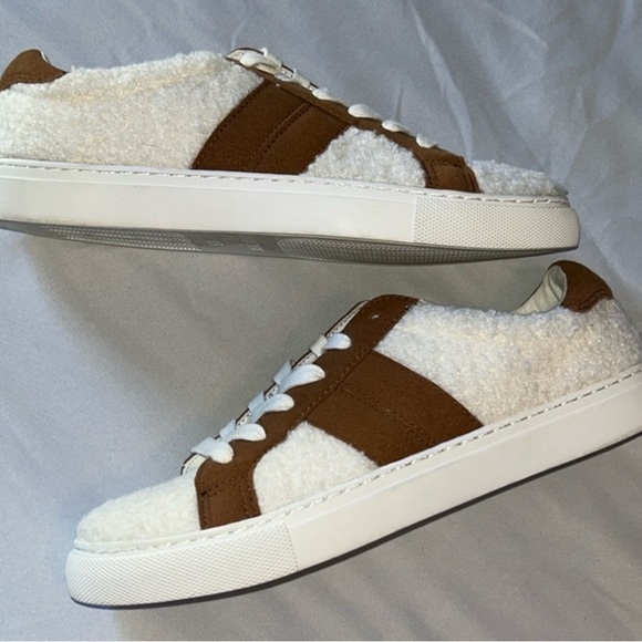 J Crew White Sherpa Brown Striped Suede Road Trip Sneakers Womans Sz 8 - Picture 6 of 15